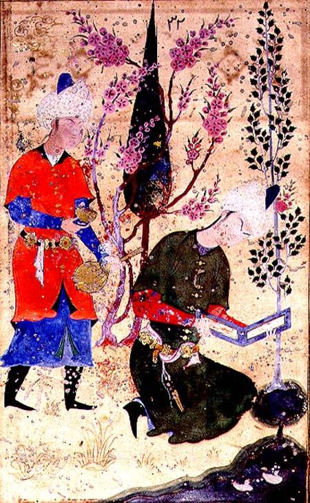 A seated prince reading whilst a servant serves wine, Persian, Bokhara School à Anonyme