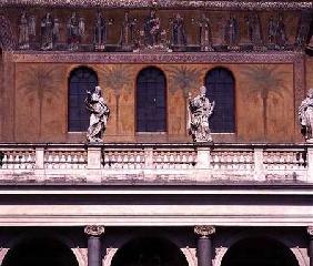 Detail from the facade, with a mosaic depicting the Madonna and Child with ten female saints