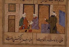Folio 190, Two persons conversing, from 'the Bustan of Sa'di', inscription reads 'The work of Haji M
