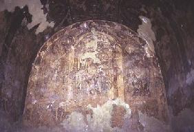 Fresco depicting a throned monarch with a halo under a baldachinofrom the Alcove