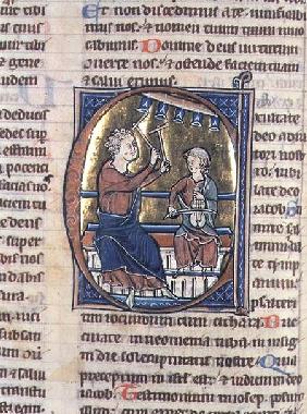 Historiated initial 'C' depicting two musicians, one playing the viol and the other the bell chimes