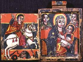 Madonna and child and St.George and the Dragon, double sided diptych (obverse),Ethiopian Coptic icon