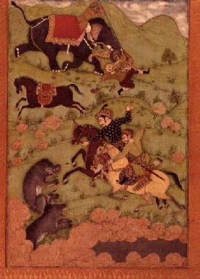 Rajput princes hunting bears while a mahoot and his elephant rescue a fallen horseman from a tiger,