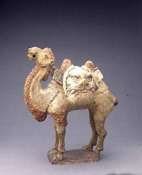 Tomb figure of a camel, carrying saddle bags in the form of grotesque faces, Chinese,Tang Dynasty