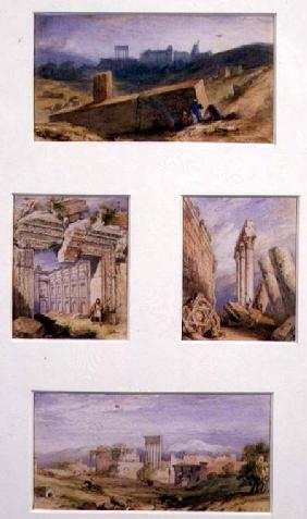 Four Views of Baalbeck, Lebanon: Top, General View of the Temples; Mid left, Temple of Bacchus; Mid