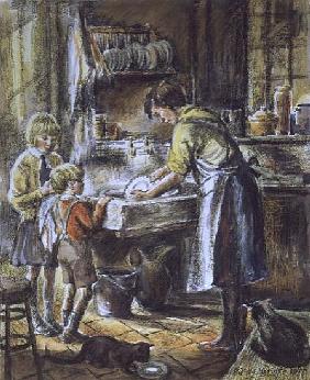 Helping with the Washing Up, 1975 (w/c and crayon) 