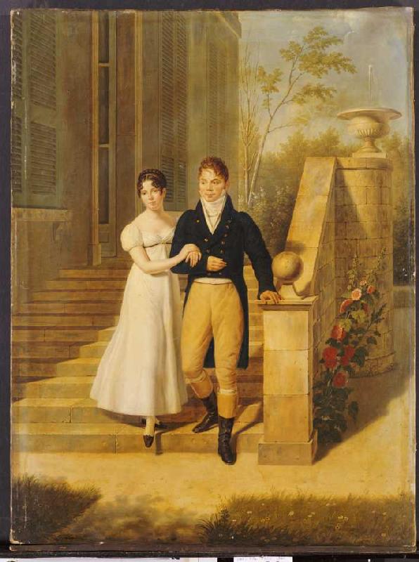 Ein vornehmes Paar auf den Stufen eines Schlosses. à Anthelme Francois Lagrenée