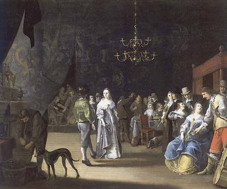 The Banquet, a couple dancing with feasting and revelling in the background à Anthonie Palamedesz