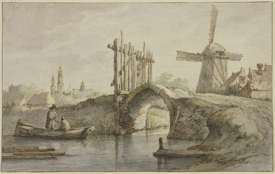 Abgegatterte spitzbogige Kanalbrücke, rechts eine Windmühle, links in einem Kahn zwei Angler à Anthonie van Borssom