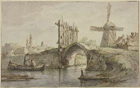Abgegatterte spitzbogige Kanalbrücke, rechts eine Windmühle, links in einem Kahn zwei Angler