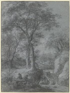 Wasserfall unter Bäumen, links zwei Figuren