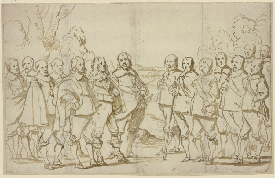 Eine Versammlung von vielen Männern, alle in Schuhen und Strümpfen, nur einer in Stiefeln à Anthonis van Dyck