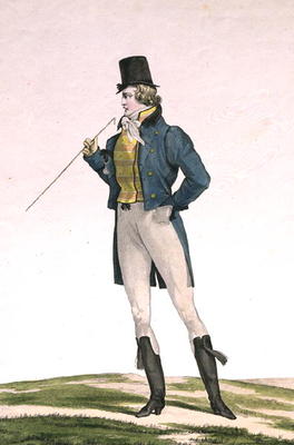 A Dandy in a Robinson hat, with childlike curls, knitted trousers, and riding boots, plate 5 in the à Antoine Charles Horace Vernet