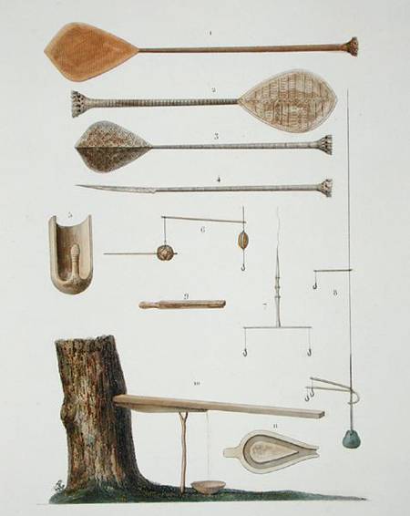 Society Islands: pangas, fishing hooks and other tools, from 'Voyage autour du Monde, executee par O à Antoine Chazal