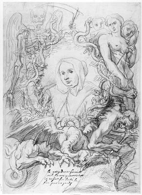 Catherine Monvoisin with the Three Fates on the right and Death on the left (pencil on paper) à Antoine Coypel