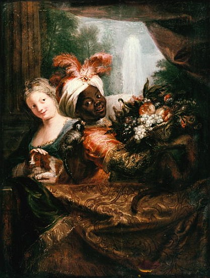 Young Black Man Holding a Basket of Fruit and a Young Girl Stroking a Dog à Antoine Coypel