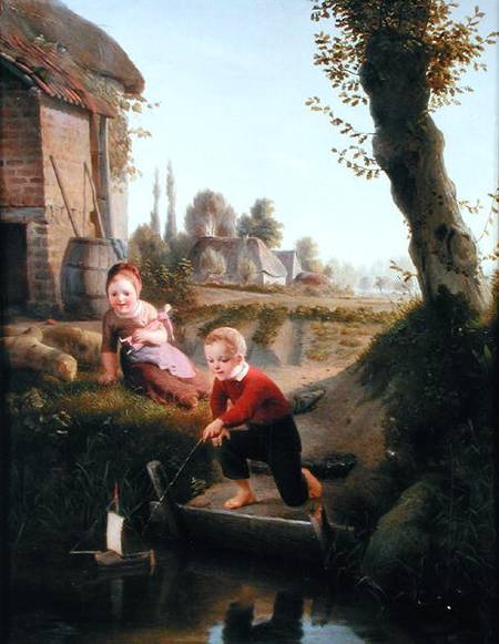 Two children playing with a boat à Antoine de Bruycker
