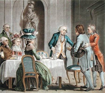 The Comte de Vaux (1705-88) offers food and drink to a farmer, engraved by Jean Baptiste Morret (fl. à Antoine Louis Francois Sergent-Marceau