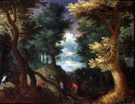 Woodland Scene with a Stag Hunt (oil on copper) à Anton Mirou