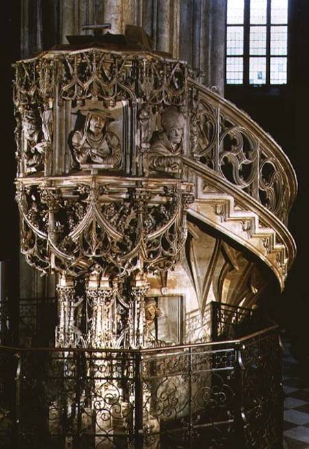 'Pilgram's Pulpit', decorated with busts of the Four Fathers of the Church, theologians representing à Anton  Pilgram
