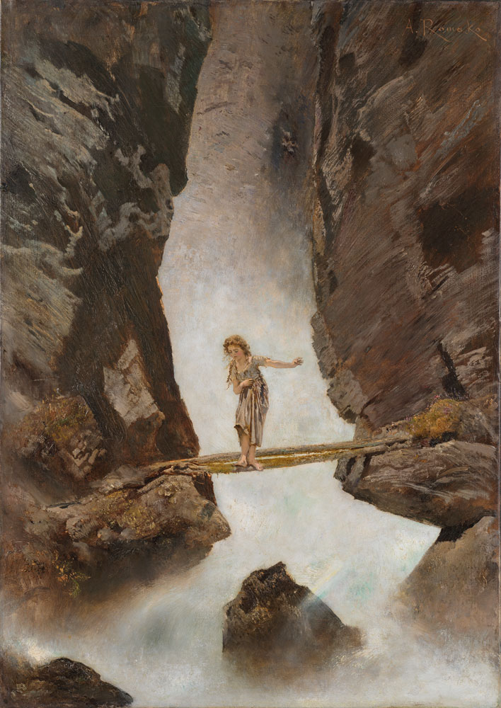 Girl crossing a mountain torrent à Anton Romáko