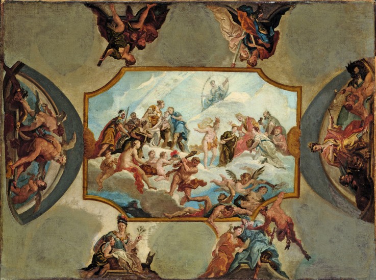Reverence to Johann Wilhelm, Elector Palatine. Design for a Ceiling Painting for Bensberg Castle à Antonio Bellucci