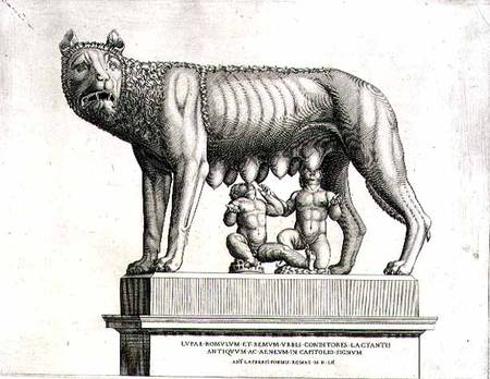 Drawing of the Etruscan bronze of the she-wolf suckling Romulus and Remus, 5th century BC, in the Ca à Antonio Lafreri