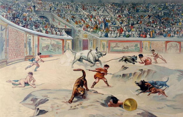 Gladiators Fighting Animals in the circus at Pompeii (colour litho) à Antonio Niccolini