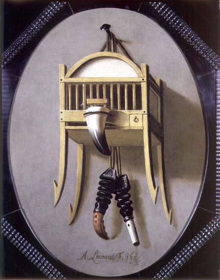 Trompe L'Oeil with a fowler's bird cage and whistle à Antonius Leemans