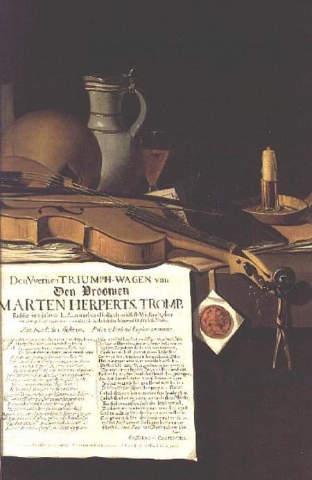 Vanitas still life homage to Admiral Marten Herpertszwoon Tromp à Antonius Leemans