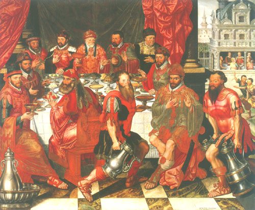 repas de fête (les membres du Conseil de Bruges / banquet du roi Ahasver et/ou Aartaxerxes à Antoon Claeissens
