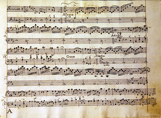Manuscript page from the score of Opus V, ''Sonata for violin, violone, and harpsichord'' à Arcangelo Corelli