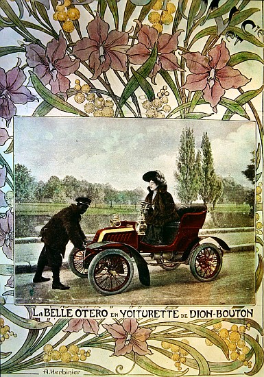 La Belle Otero at the wheel of a De Dion-Bouton car, c.1900 à Arsene Herbinier