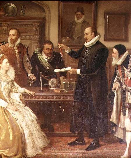 Dr William Gilberd (1540-1603) Showing his Experiment on Electricity to Queen Elizabeth I and her Co à Arthur Ackland Hunt