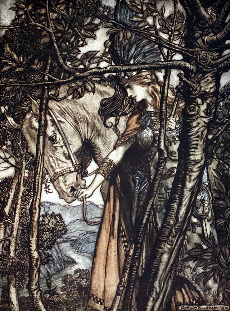 Brünnhilde leads her horse by the bridle. Illustration for "The Rhinegold and The Valkyrie" by Richa à Arthur Rackham