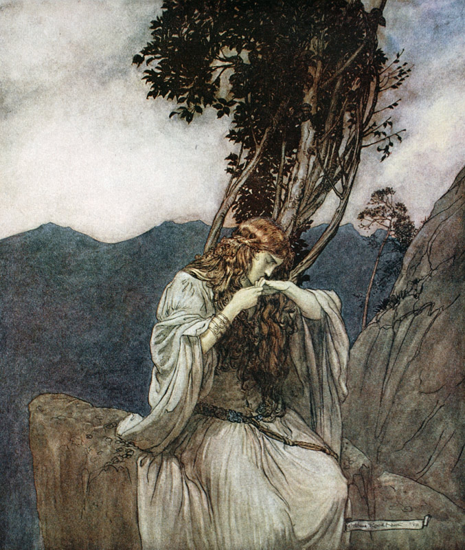 Brünnhilde kisses the ring that Siegfried has left with her. Illustration for "Siegfried and The Twi à Arthur Rackham