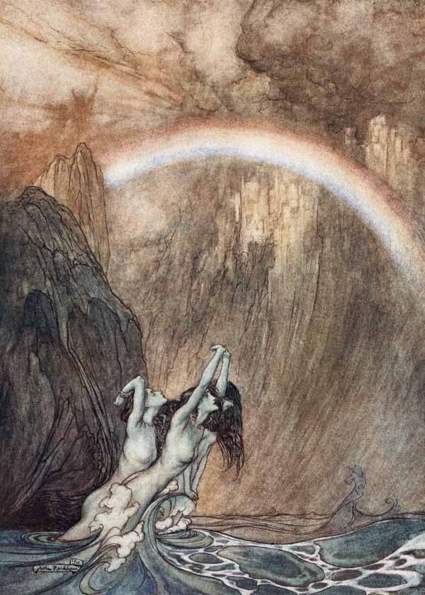 The Rhinemaidens bewail their lost gold. Illustration for "The Rhinegold and The Valkyrie" by Richar à Arthur Rackham