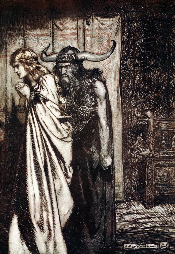 O wife betrayed I will avenge they trust deceived! Illustration for "Siegfried and The Twilight of t à Arthur Rackham