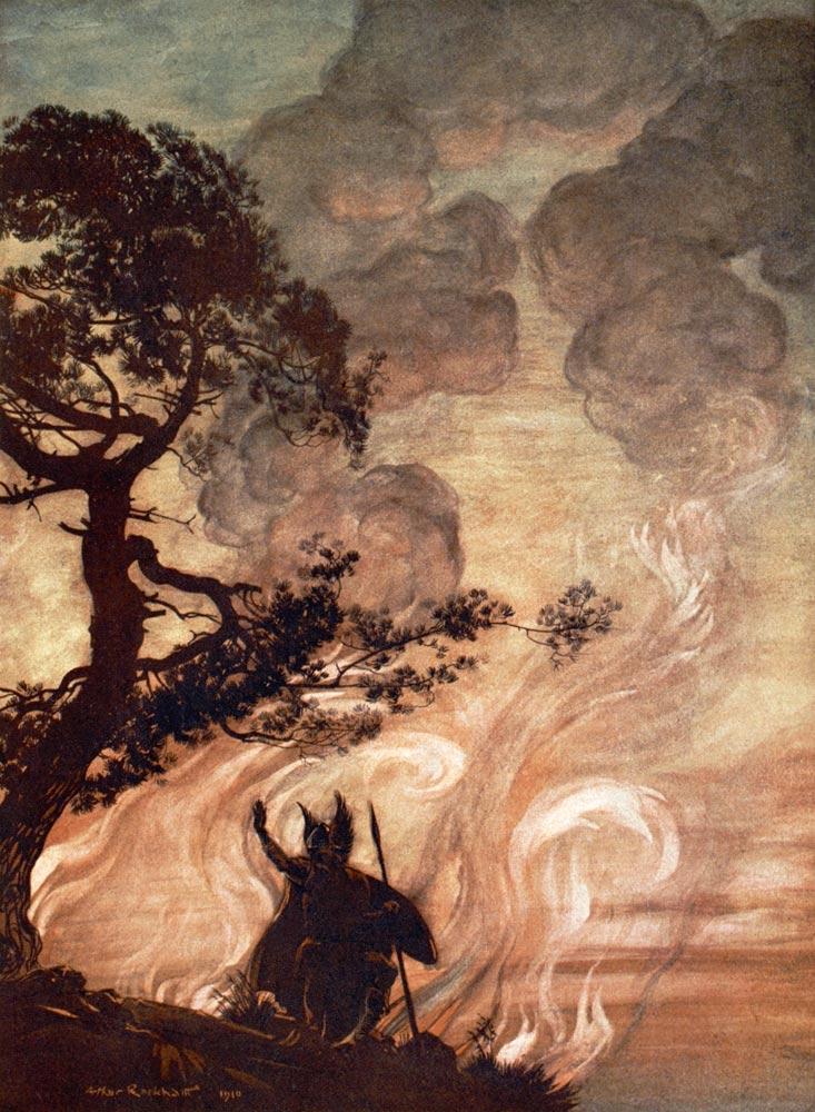 Wotan turns and looks sorrowfully back at Brünnhilde. Illustration for "The Rhinegold and The Valkyr à Arthur Rackham