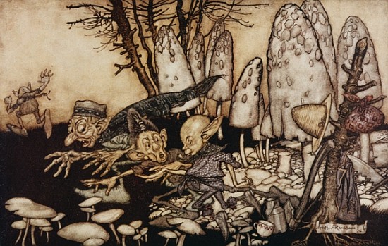 A band of workmen, who were sawing down a toadstool, rushed away, leaving their tools behind them fr à Arthur Rackham