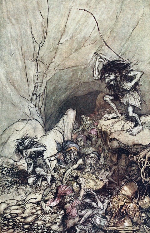 Alberich drives in a band of Niblungs laden with gold and silver treasure. Illustration for "The Rhi à Arthur Rackham