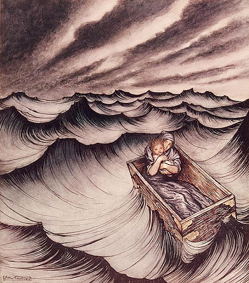 Danae and her son Perseus put in a chest and cast into the sea à Arthur Rackham