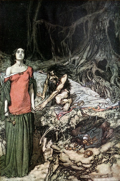 The wooing of Grimhilde, the mother of Hagen. Illustration for "Siegfried and The Twilight of the Go à Arthur Rackham