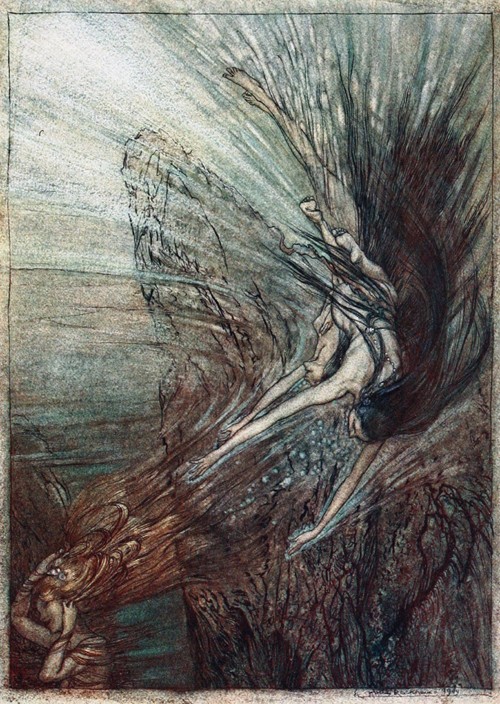 The frolic of the Rhinemaidens. Illustration for "The Rhinegold and The Valkyrie" by Richard Wagner à Arthur Rackham