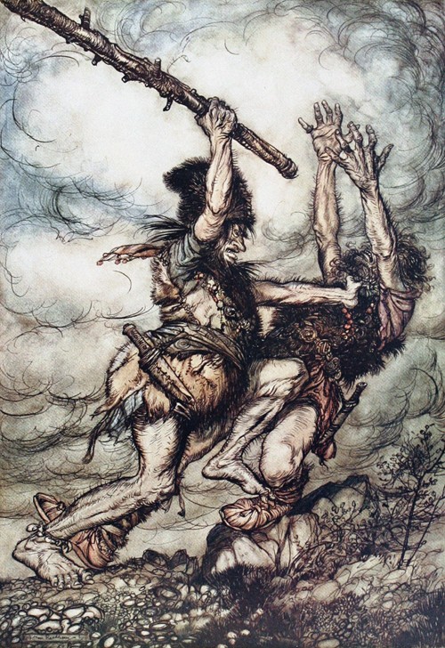 Giant Fafner Kills Fasolt. Illustration for "The Rhinegold and The Valkyrie" by Richard Wagner à Arthur Rackham