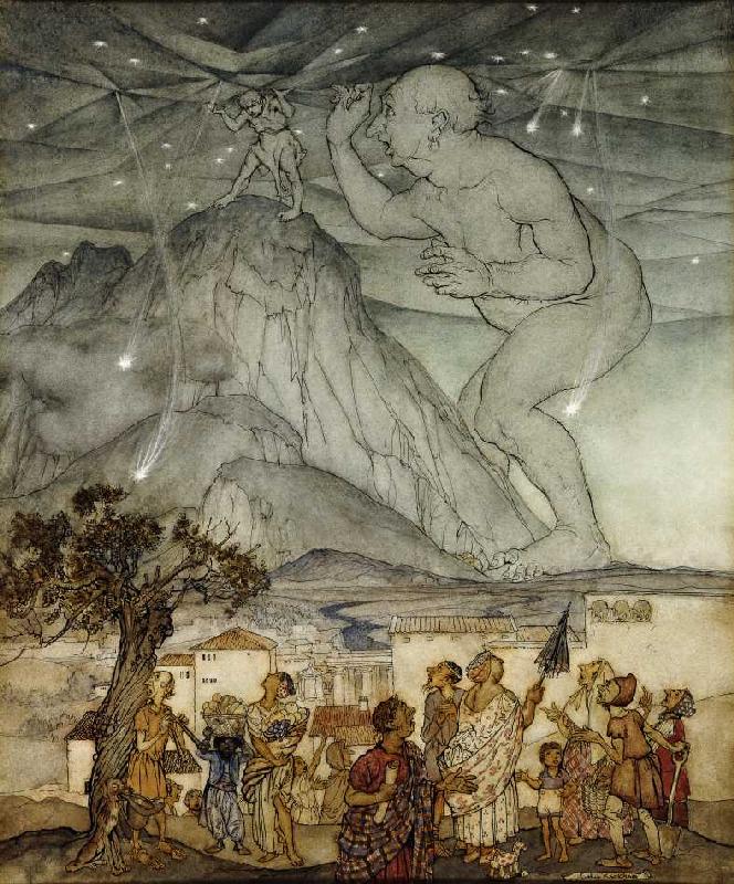 Herkules trägt für Atlas den Himmel (Zeichnung für 'Hawthorne's Wonder Book') à Arthur Rackham