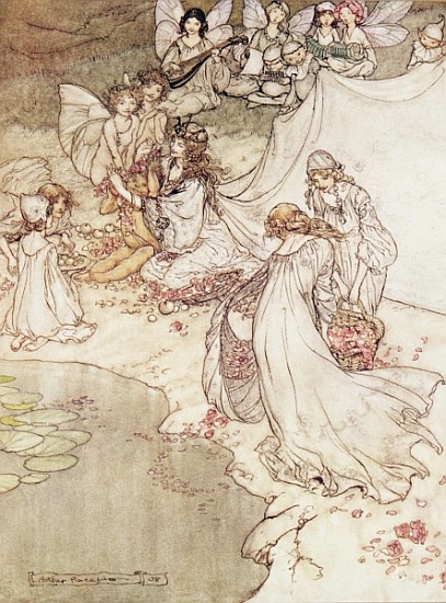 Illustration of Fairy Tale, Fairy Queen Covering a Child with Blossom à Arthur Rackham