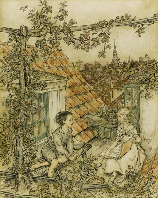 Kay and Gerda in their garden high up on the roof. Illustration for the tale of "The Snow Queen" à Arthur Rackham