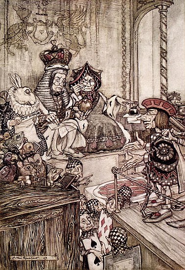 Knave before the King and Queen of Hearts, illustration to ''Alice''s Adventures in Wonderland'' Lew à Arthur Rackham