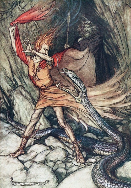 Ohe! Ohe! Terrible dragon, oh, swallow me not! Illustration for "The Rhinegold and The Valkyrie" by  à Arthur Rackham